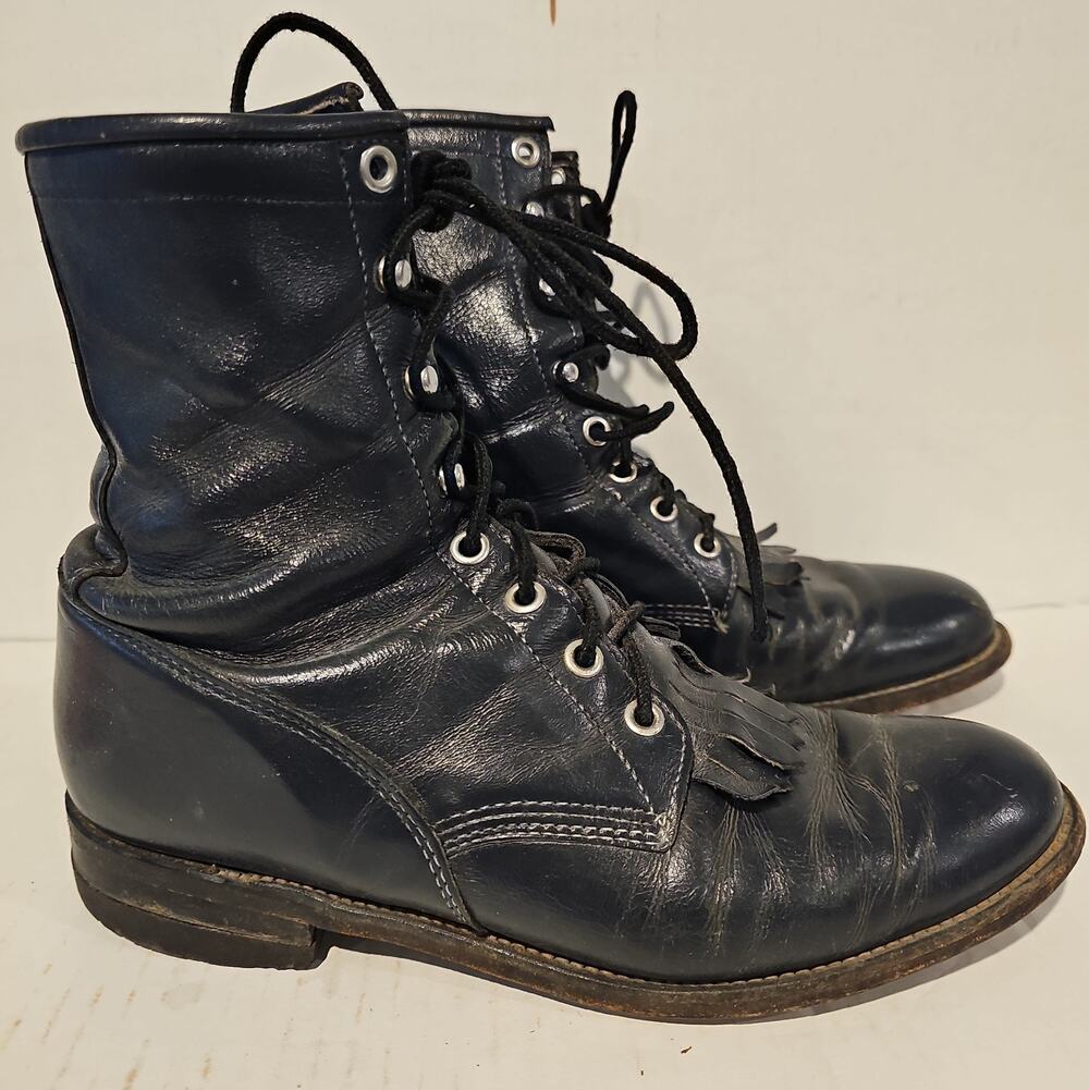 Justin Lace Up Kiltie Boots Women 8 B navy Leather Fringe Western